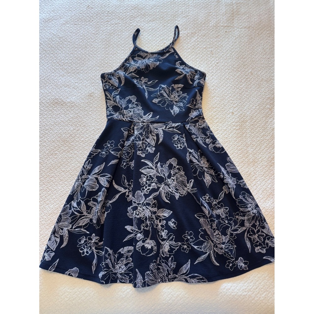 Soprano Navy Blue White Floral Halter Skater Dress Small Sleeveless A-Line